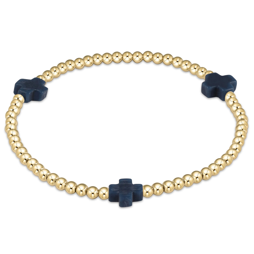 eNewton Design Signature Cross Gold Pattern 3mm Bead Bracelet Navy