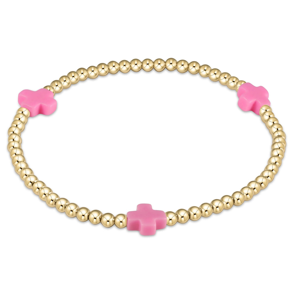 eNewton Design Signature Cross Gold Pattern 3mm Bead Bracelet Bright Pink