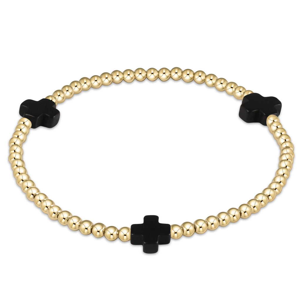 eNewton Design Signature Cross Gold Pattern 3mm Bead Bracelet Onyx