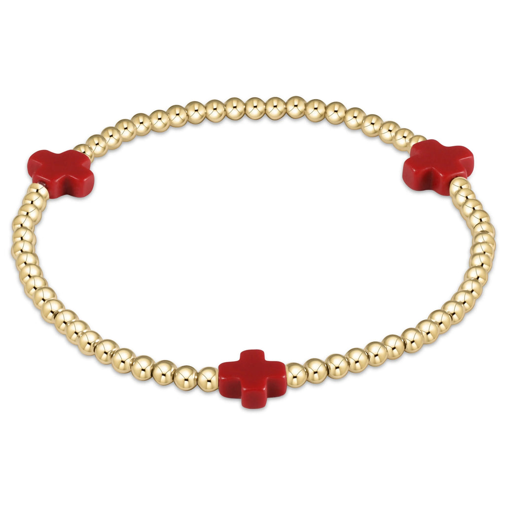 eNewton Design Signature Cross Gold Pattern 3mm Bead Bracelet Red