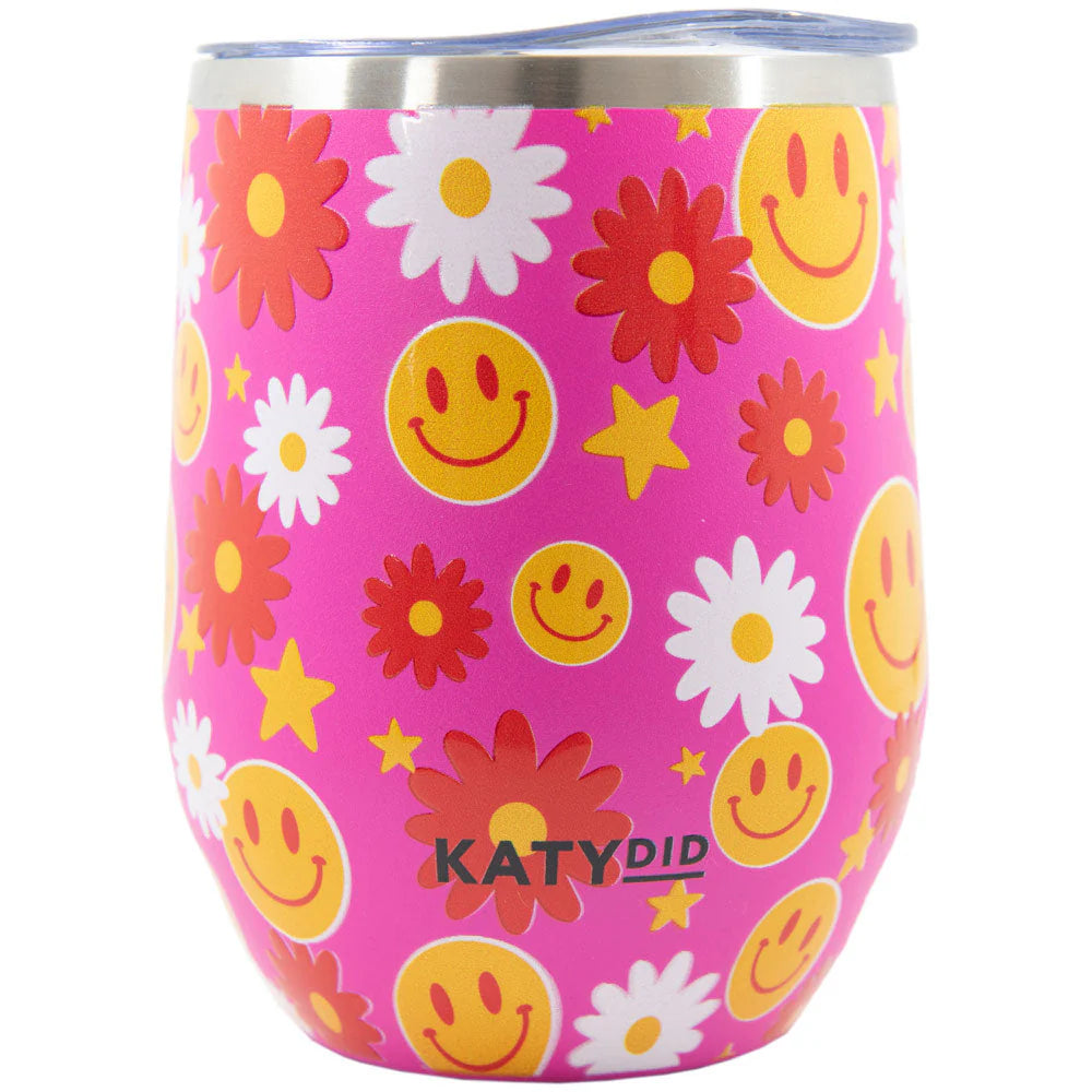 Katydid Red Flower Happy Face Stemless Wine Tumbler Cup