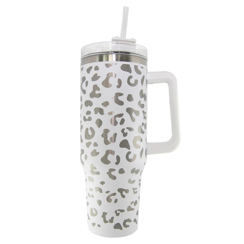 Katydid White METALLIC Leopard Tumbler Cup with Handle