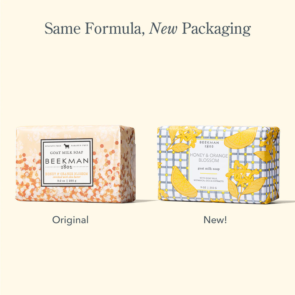 Side by side image of two of Beekman 1802's honey & orange blossom bar soaps