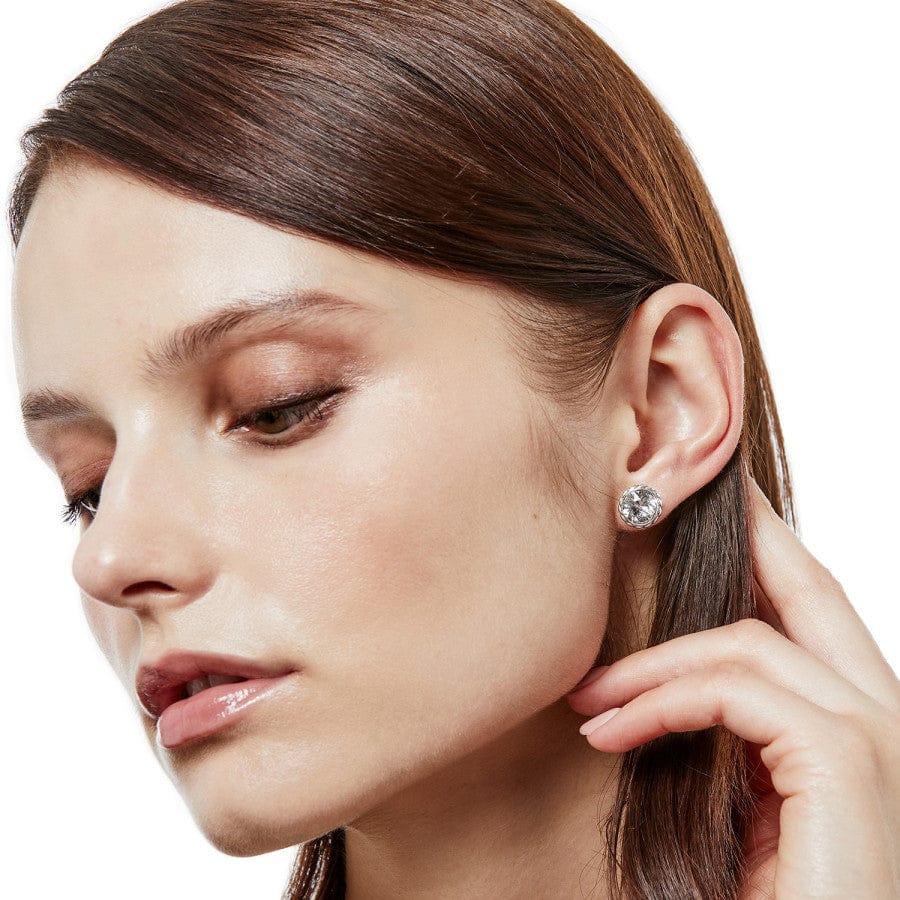 Model wearing silver Brighton Iris stud earrings