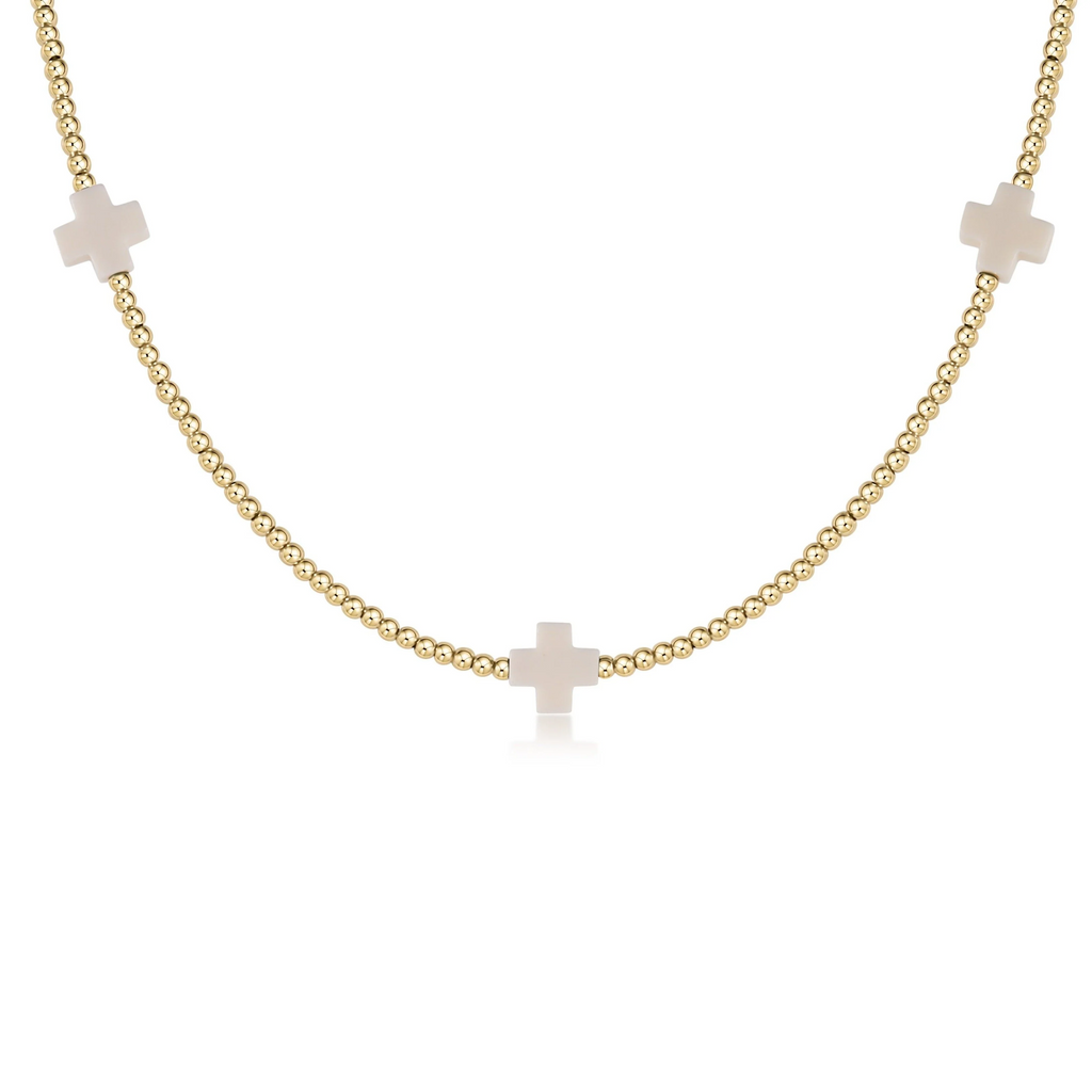 eNewton Design 15" Choker Signature Cross Gold Pattern 2mm Bead - Off-White