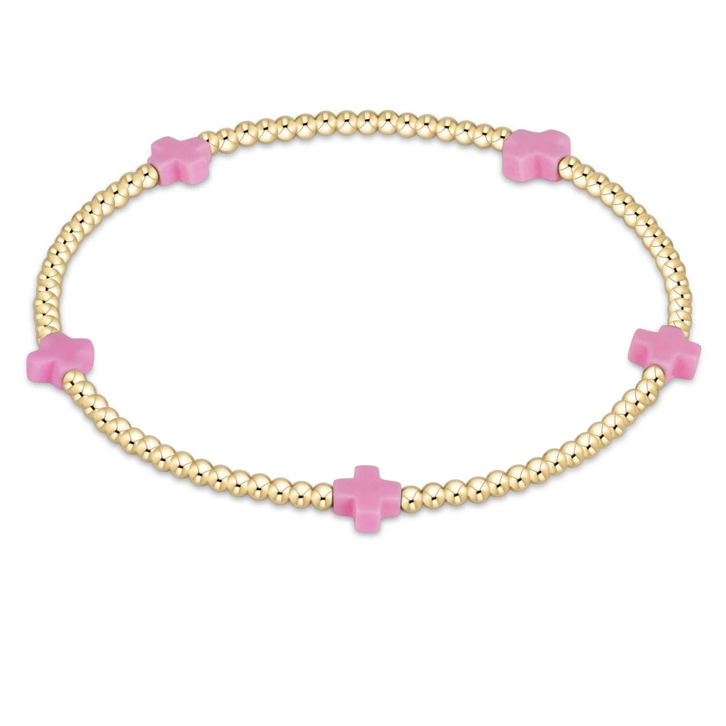 eNewton Design Egirl Signature Cross Small Gold Pattern 2mm Bead Bracelet in Bright Pink