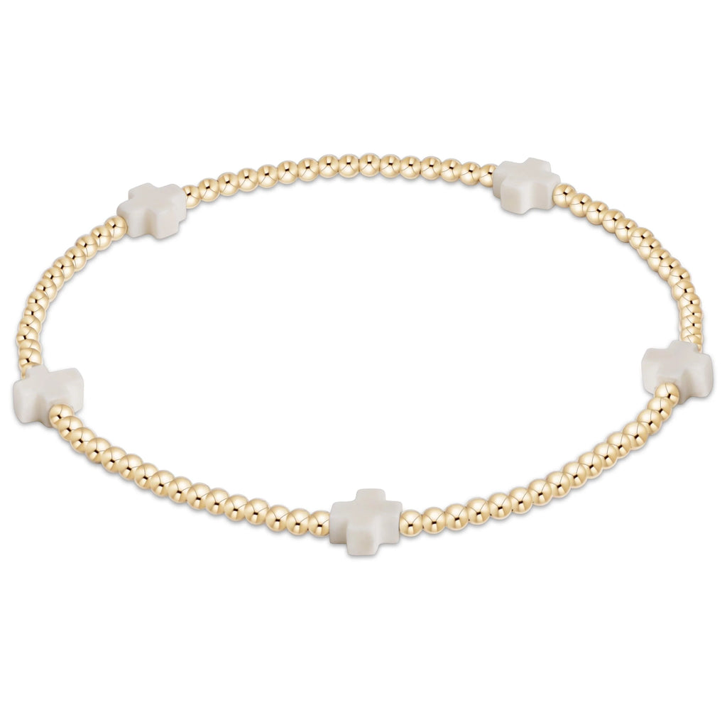 eNewton Design Egirl Signature Cross Small Gold Pattern 2mm Bead Bracelet in Off-White