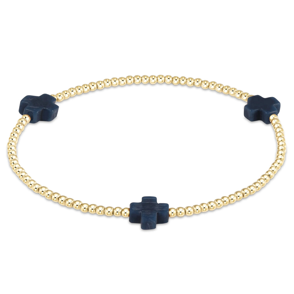 eNewton Design Signature Cross Gold Pattern 2mm Bead Bracelet in Navy