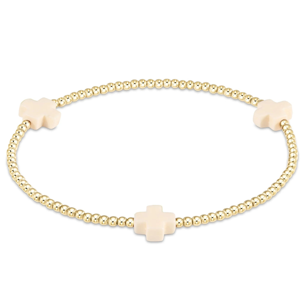 eNewton Design Signature Cross Gold Pattern 2mm Bead Bracelet in Off-White