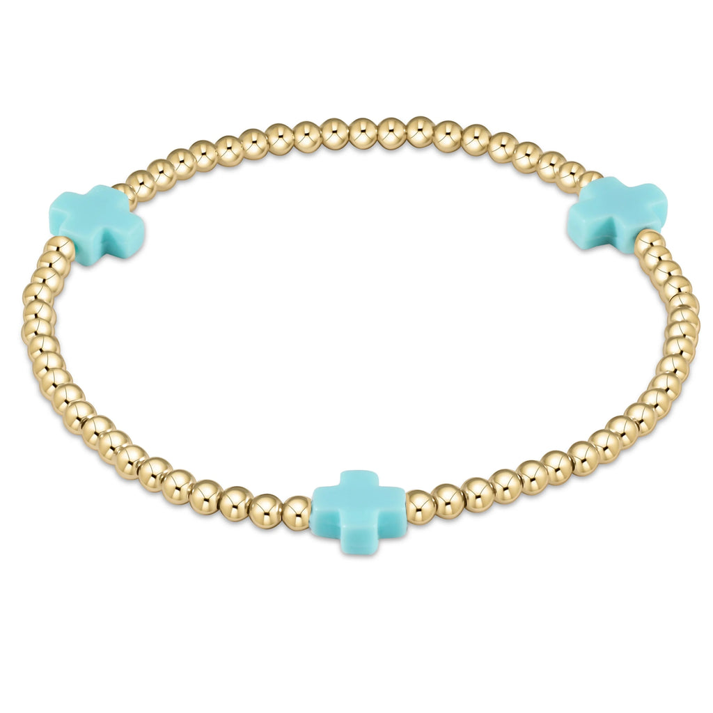 eNewton Design Signature Cross Gold Pattern 3mm Bead Bracelet Turquoise