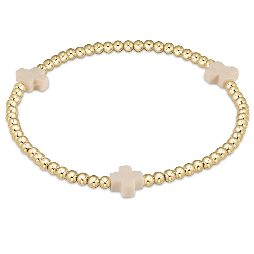 eNewton Design Signature Cross Gold Pattern 3mm Bead Bracelet Off White