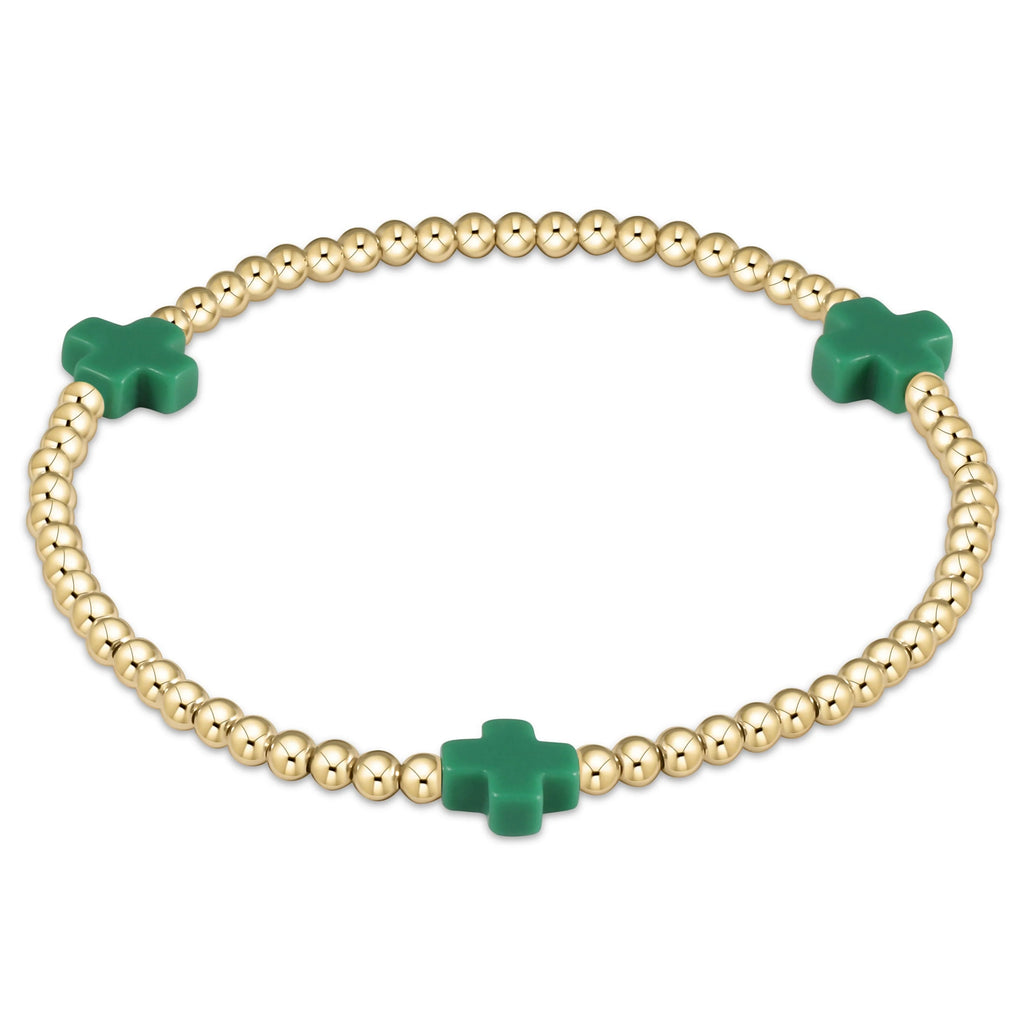 eNewton Design Signature Cross Gold Pattern 3mm Bead Bracelet Emerald