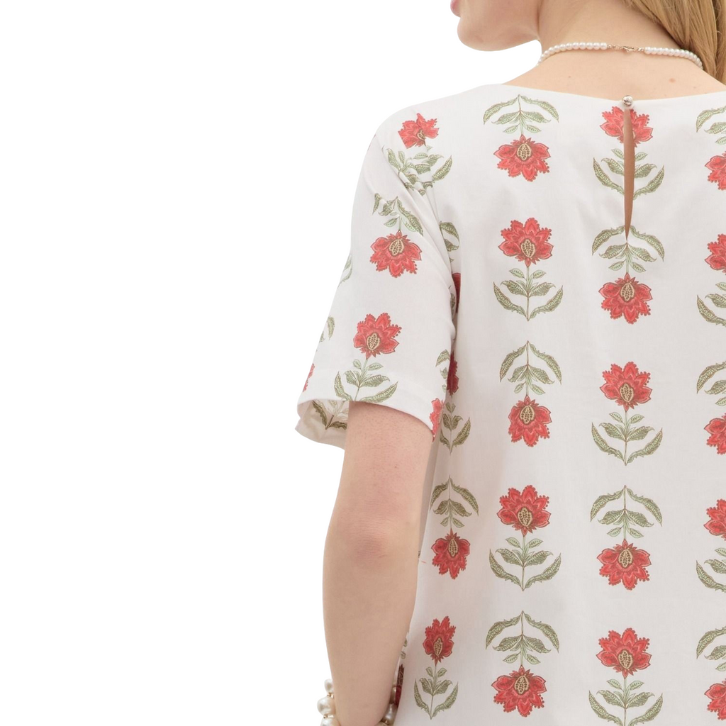 A woman is wearing a white dress with short sleeves and a ruffled hem, adorned with a repeating pattern of stylized red flowers with green stems and leaves.