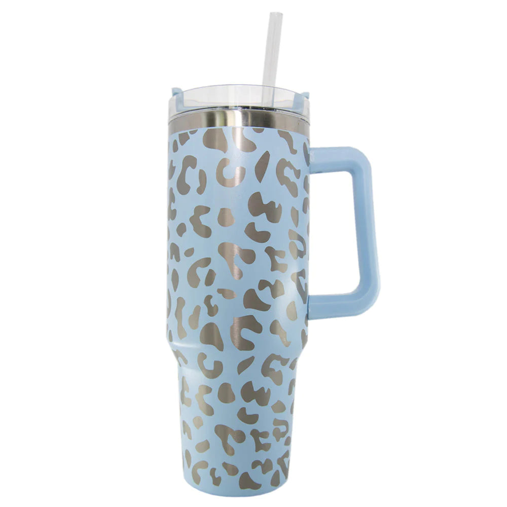 Katydid Light Blue METALLIC Leopard Tumbler Cup with Straw