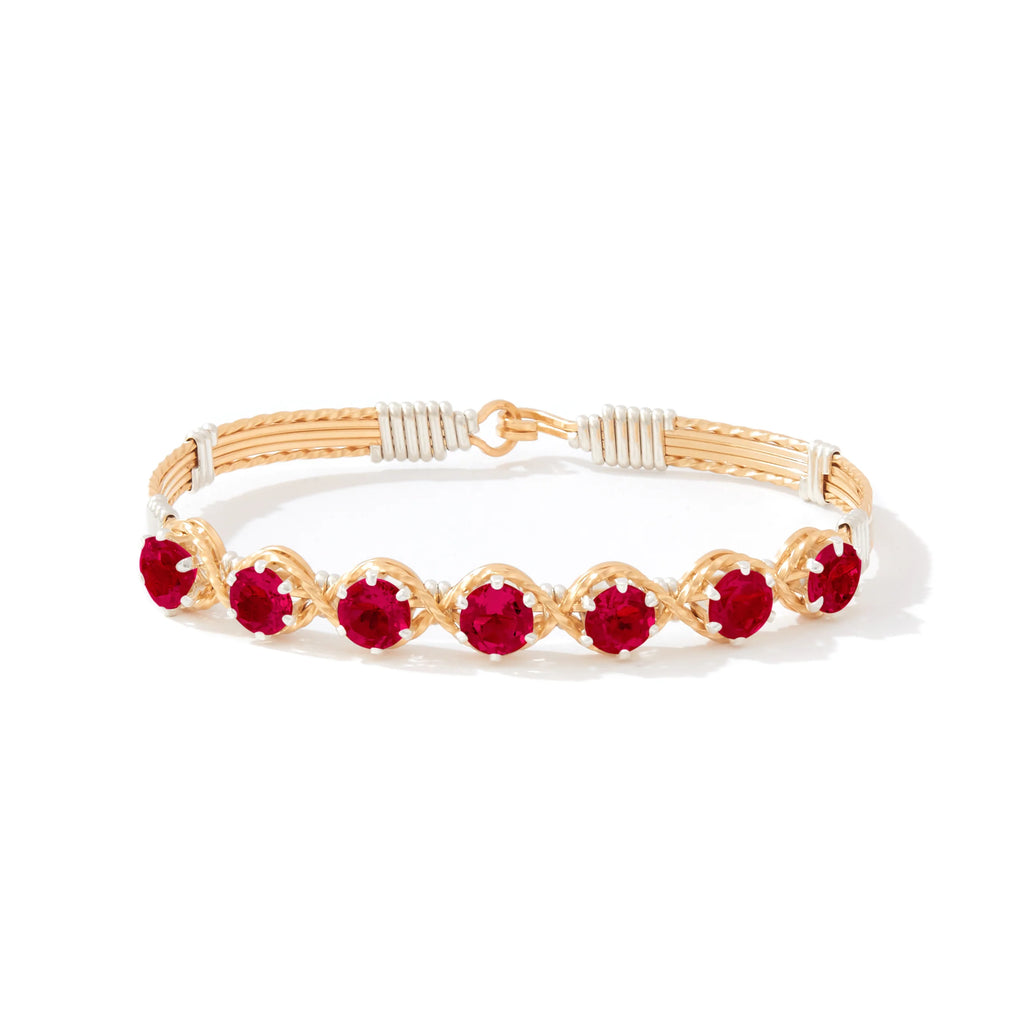 Ronaldo Jewelry Dawn Bracelet in 14K Gold Artist Wire with Silver Wraps with Ruby Stones