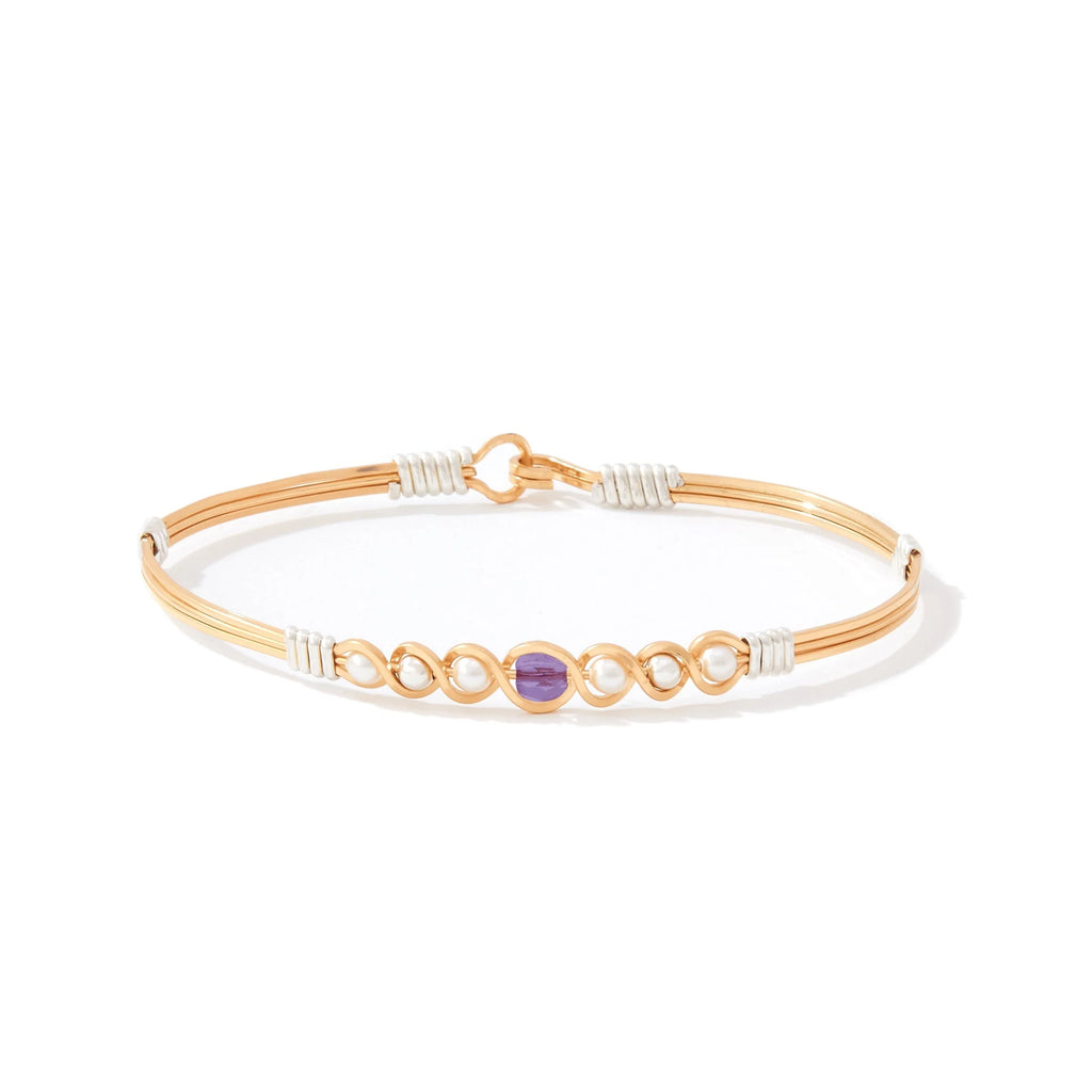 Ronaldo Jewelry Divine Plan Bracelet in 14K Gold Artist Wire with Silver Wraps with the Amethyst Stone