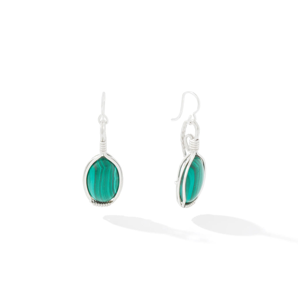 Ronaldo Jewelry Semi-Precious Cabochon Earrings in Sterling Silver with the Malachite Stones