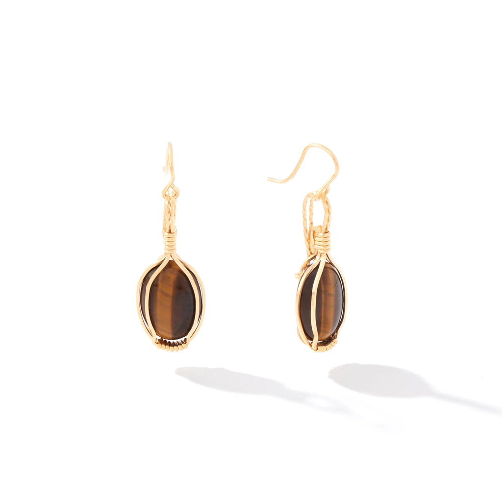 Ronaldo Jewelry Semi-Precious Cabochon Earrings in 14K Gold Artist Wire with the Tiger Eye Stones