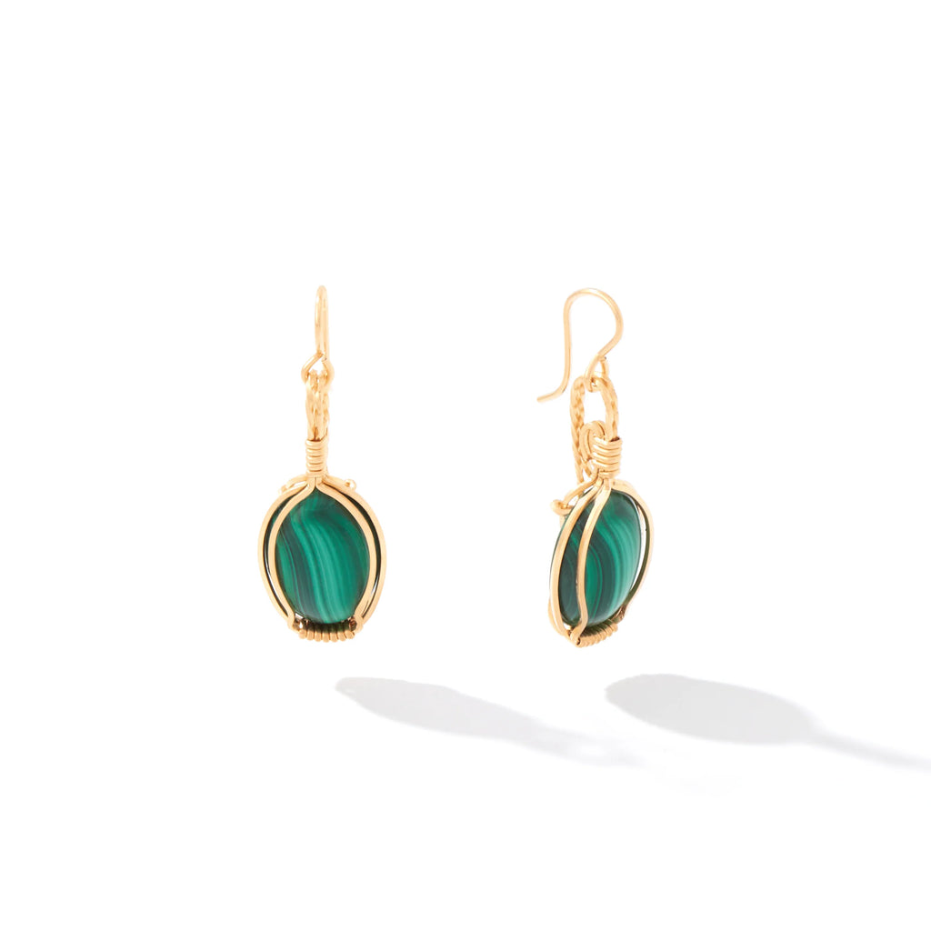 Ronaldo Jewelry Semi-Precious Cabochon Earrings in 14K Gold Artist Wire with the Malachite Stones