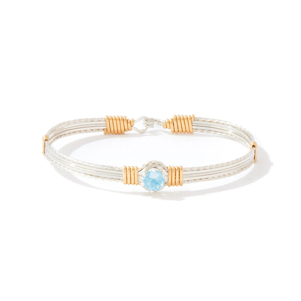 Ronaldo Jewelry Shining Star Bracelet in Sterling Silver with 14k Gold Artist Wire Wraps with the Blue Zircon Stone