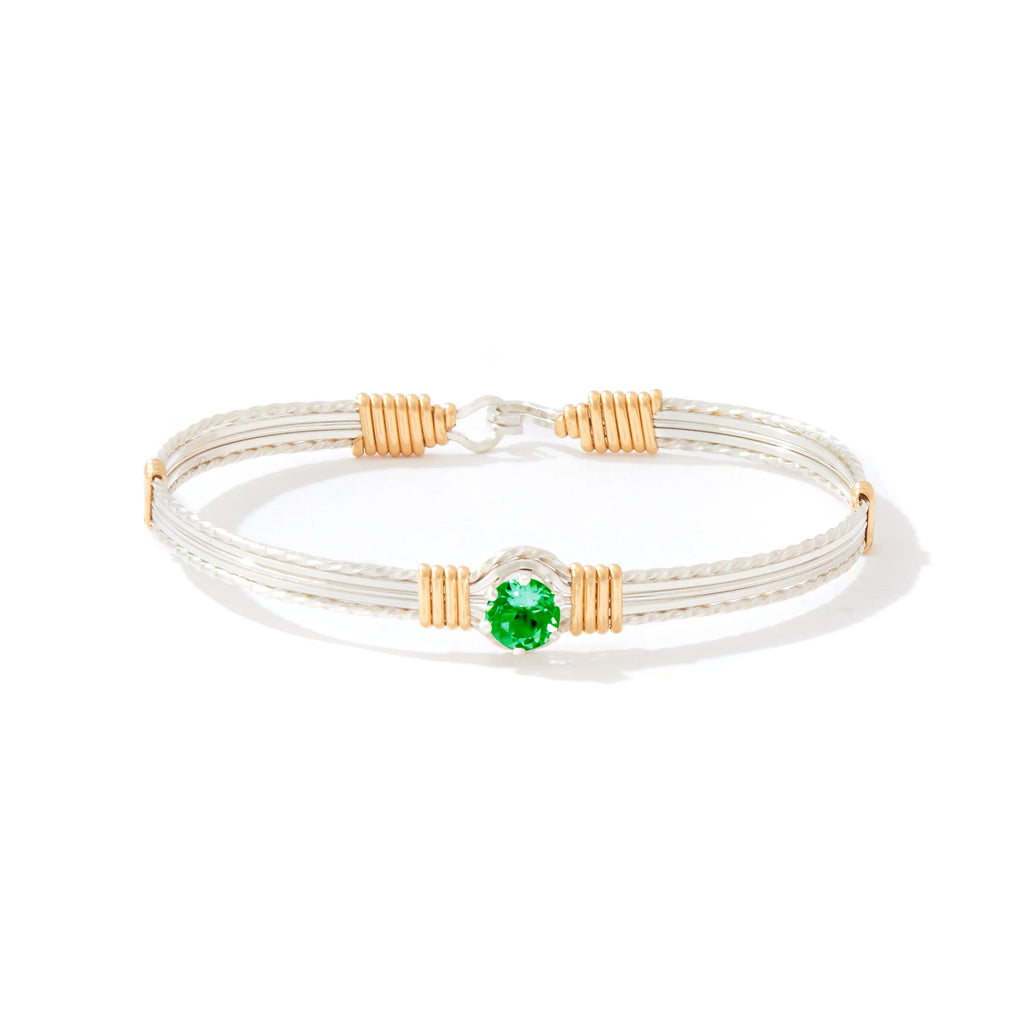 Ronaldo Jewelry Shining Star Bracelet in Sterling Silver with 14k Gold Artist Wire Wraps with the Emerald Stone