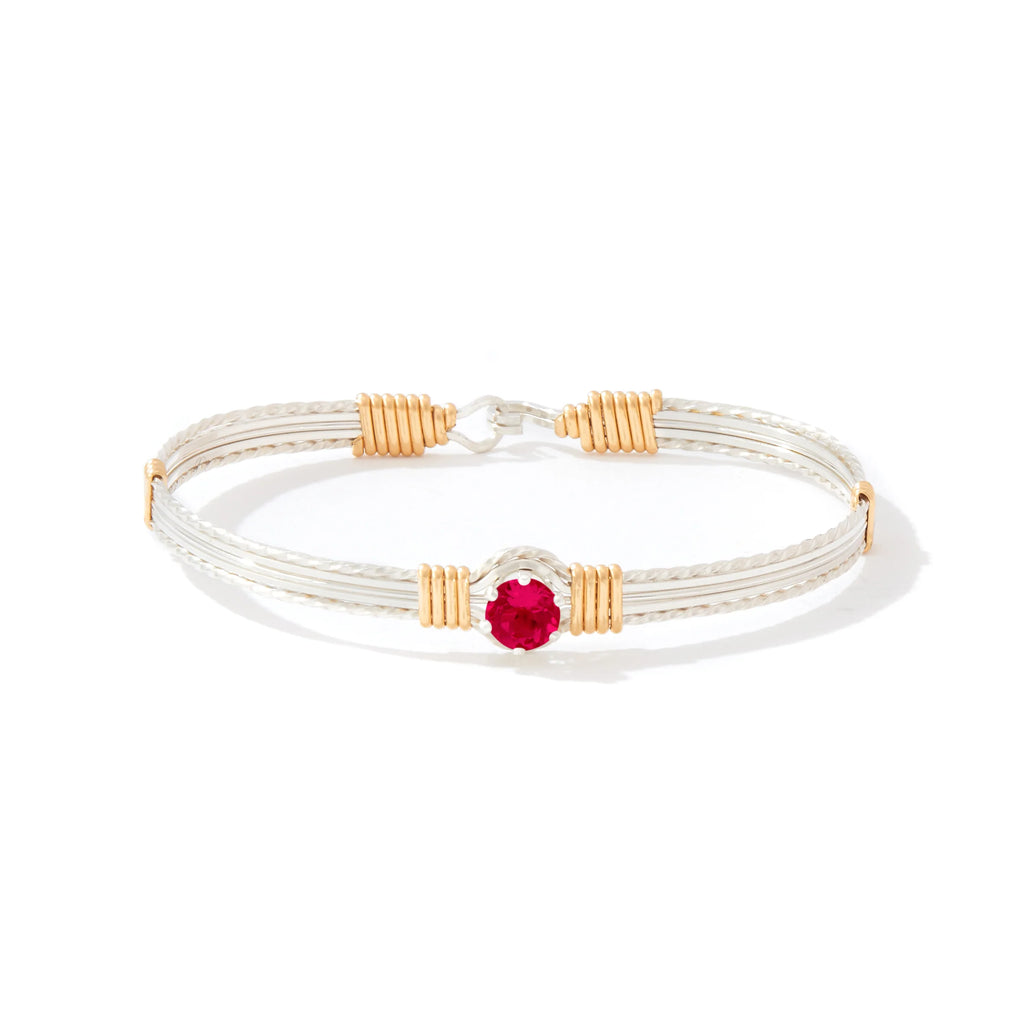 Ronaldo Jewelry Shining Star Bracelet in Sterling Silver with 14k Gold Artist Wire Wraps with the Ruby Stone
