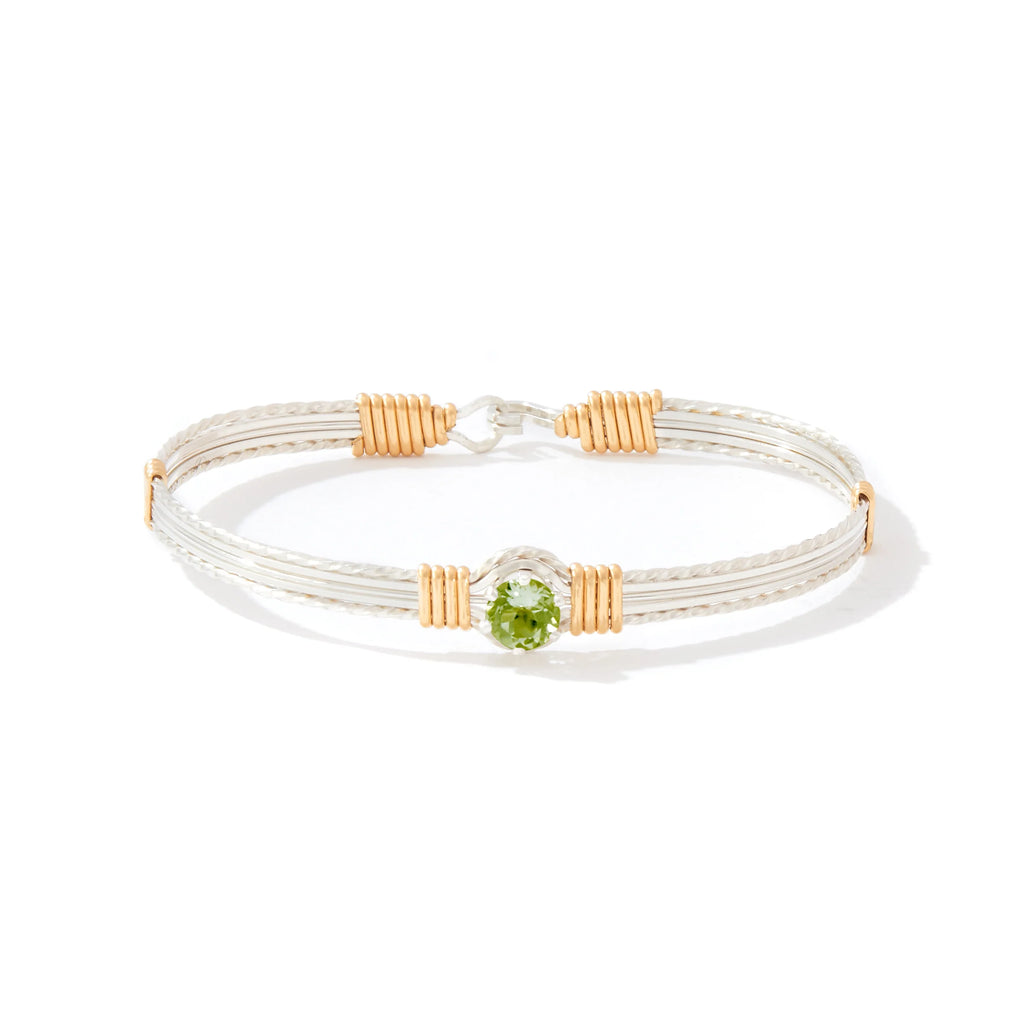 Ronaldo Jewelry Shining Star Bracelet in Sterling Silver with 14k Gold Artist Wire Wraps with the Peridot Stone