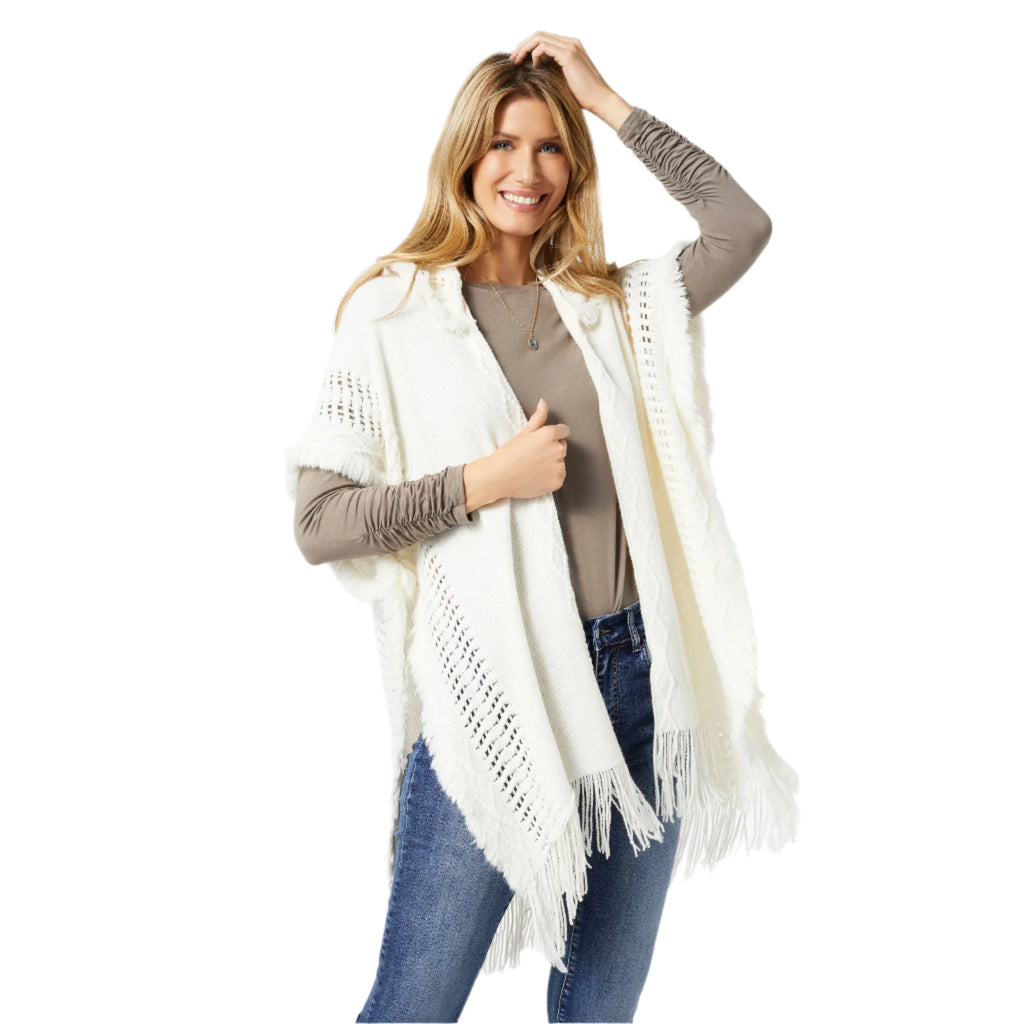 The Good Bead Eloise Hooded Ruana with Frayed Fringe in Ivory