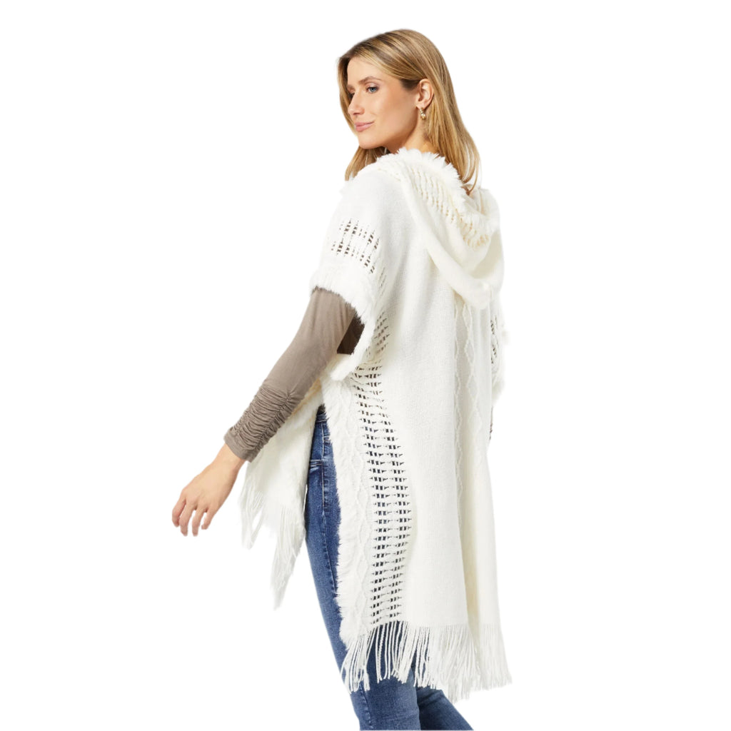 The Good Bead Eloise Hooded Ruana with Frayed Fringe in Ivory