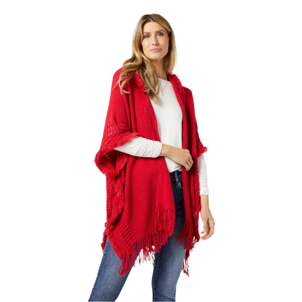 The Good Bead Eloise Hooded Ruana with Frayed Fringe in Rio Red