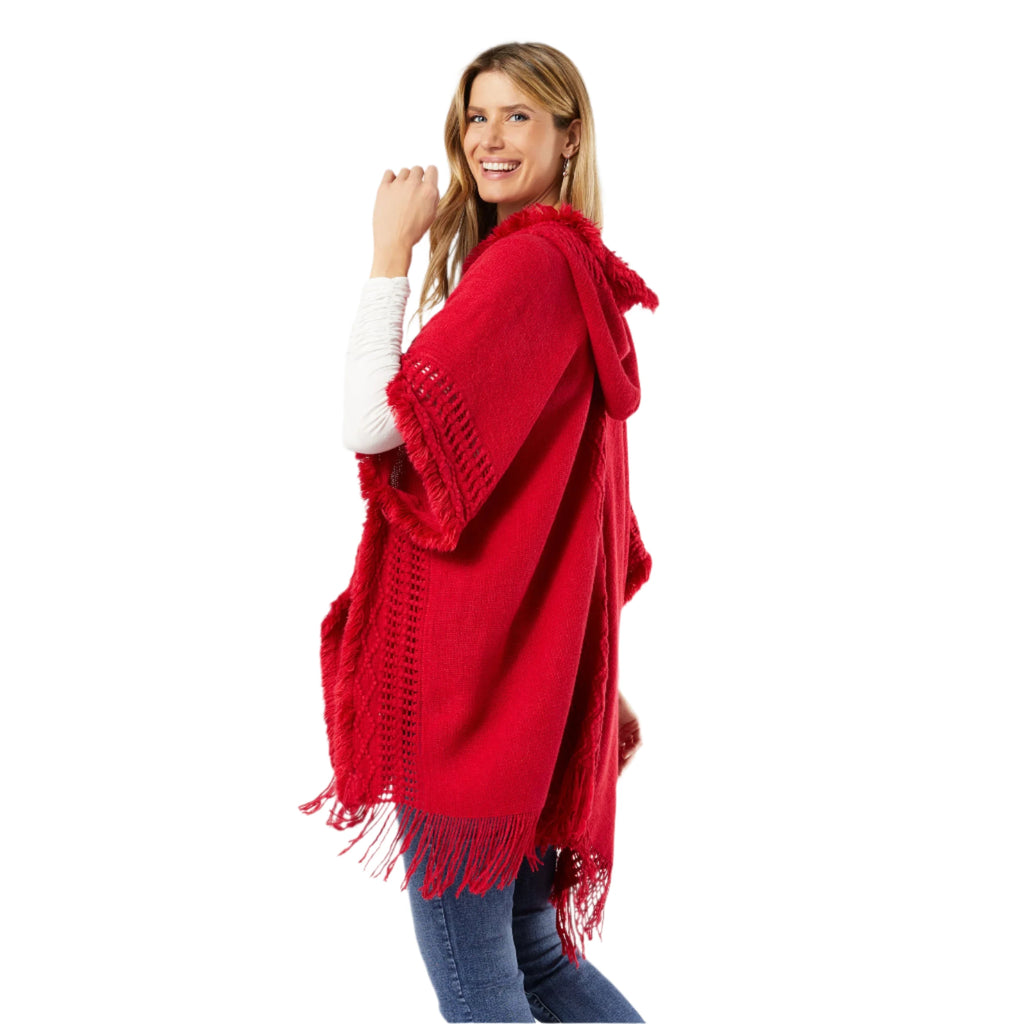 The Good Bead Eloise Hooded Ruana with Frayed Fringe in Red Rio