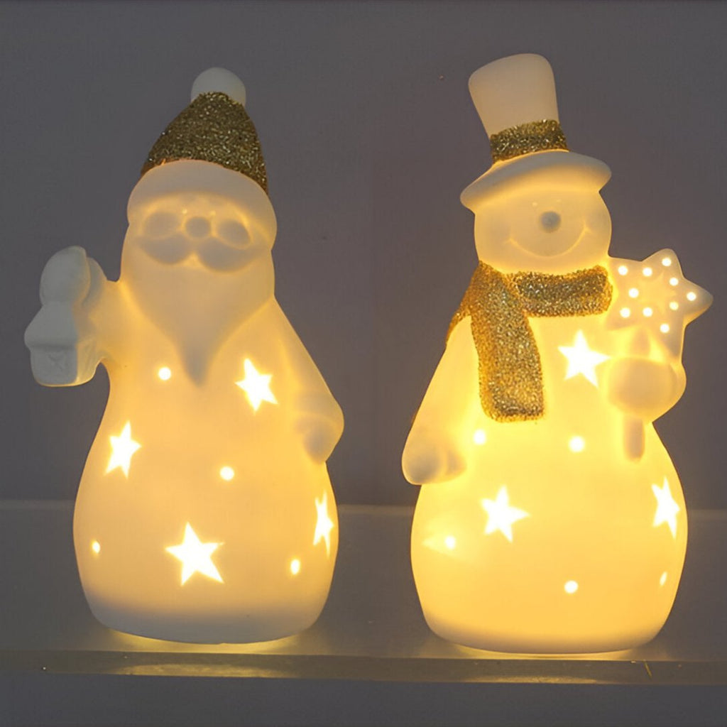 Young's Inc. Ceramic Santa & Snowman with LED