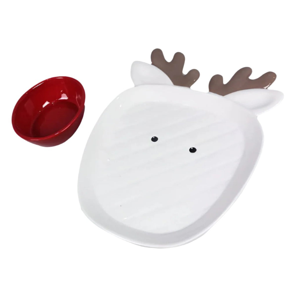 Young's Inc. Ceramic Traditional Christmas Reindeer Divided Serving Tray