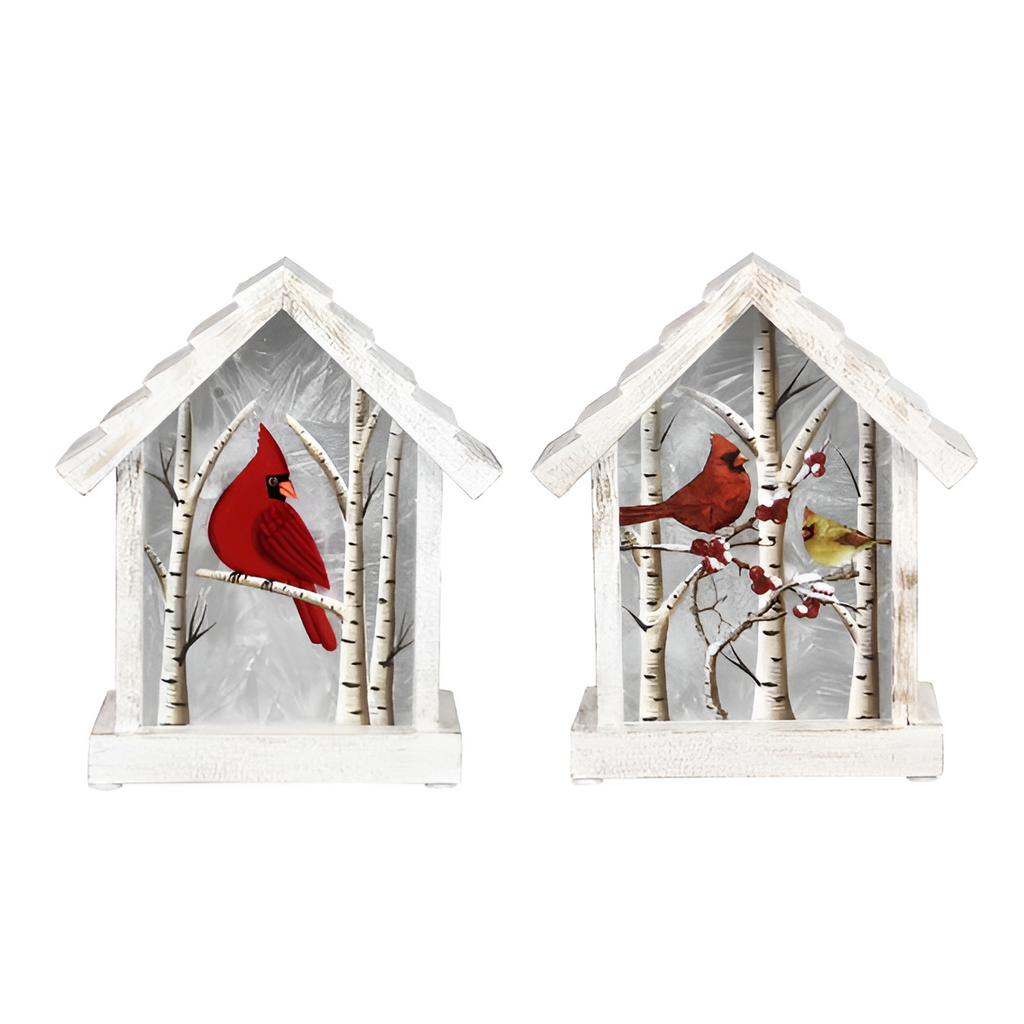 Young's Inc. Hand Painted House Shaped Cardinal Tabletop Glass Decor with Light, 2 Ast