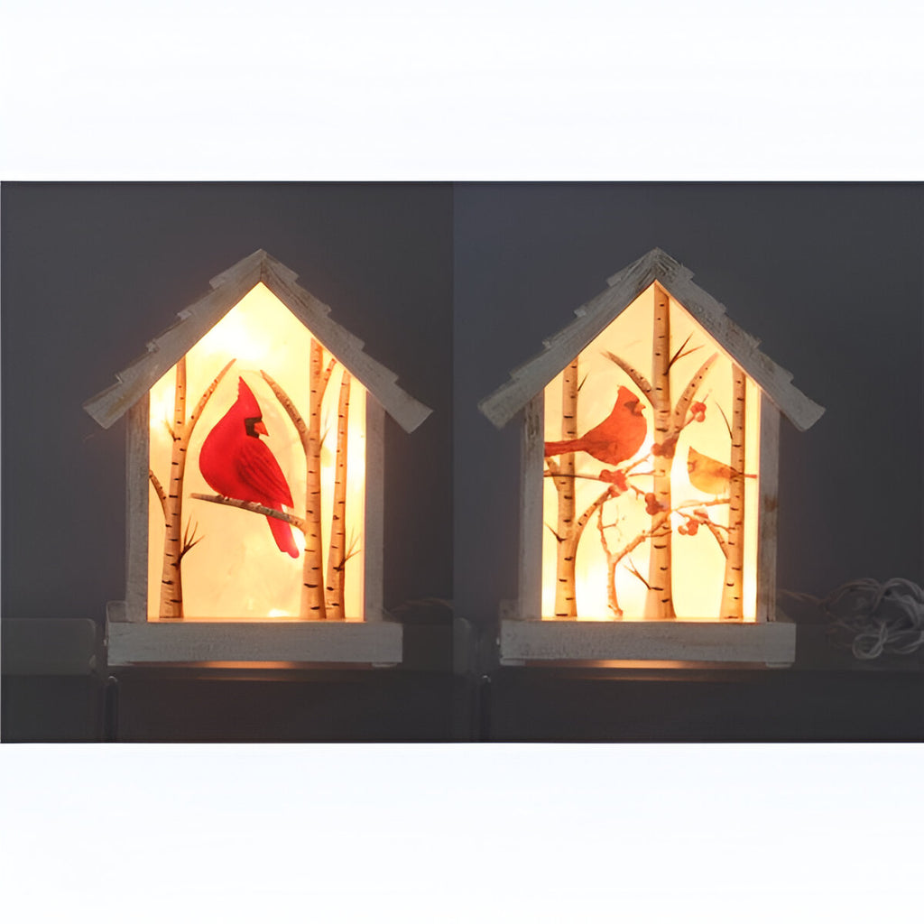 Young's Inc. Hand Painted House Shaped Cardinal Tabletop Glass Decor with Light, 2 Ast