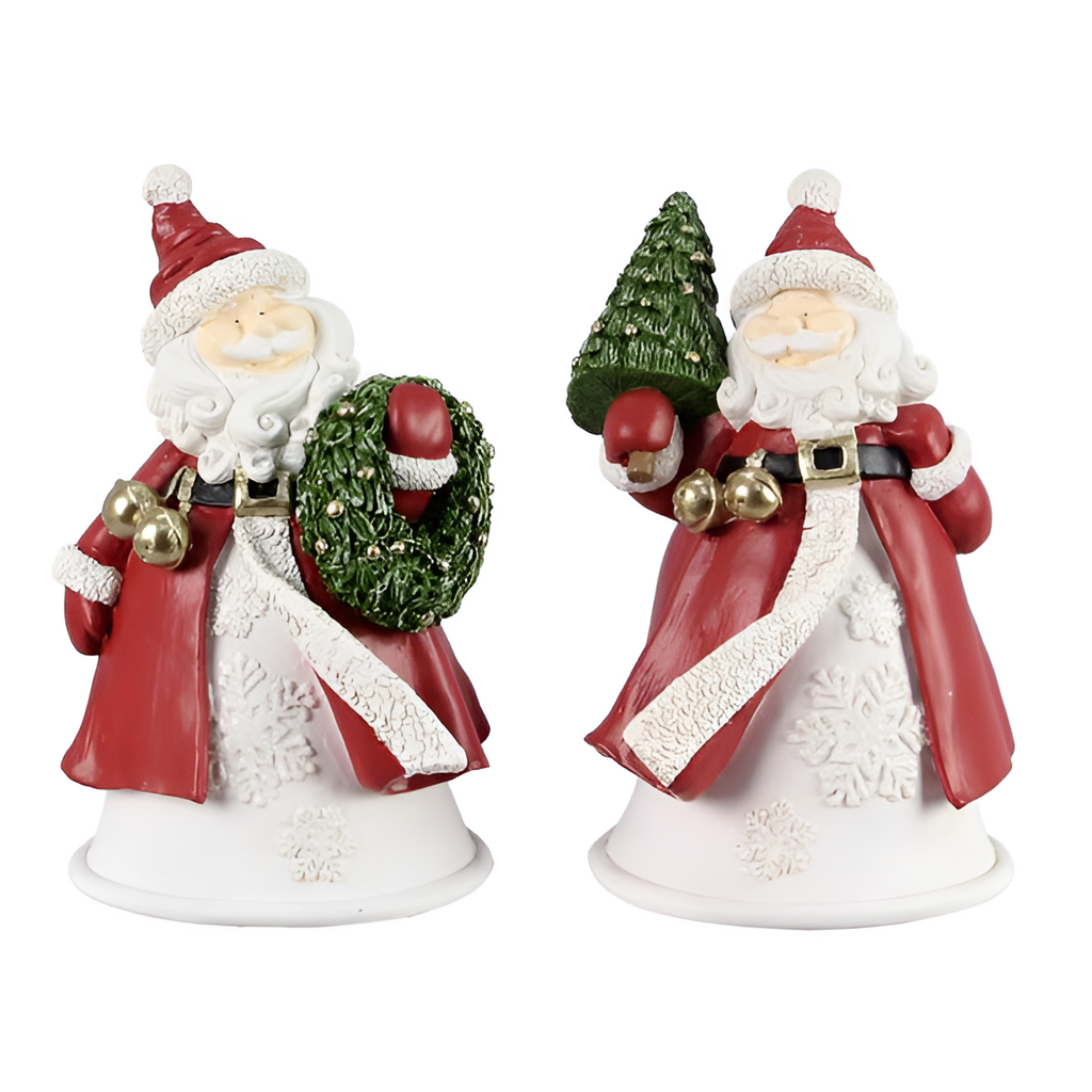 Young's Inc. Resin Twas the Night Santa featuring real jingle bells in two adorable variations – Santa with a Christmas wreath and Santa with a Christmas tree.