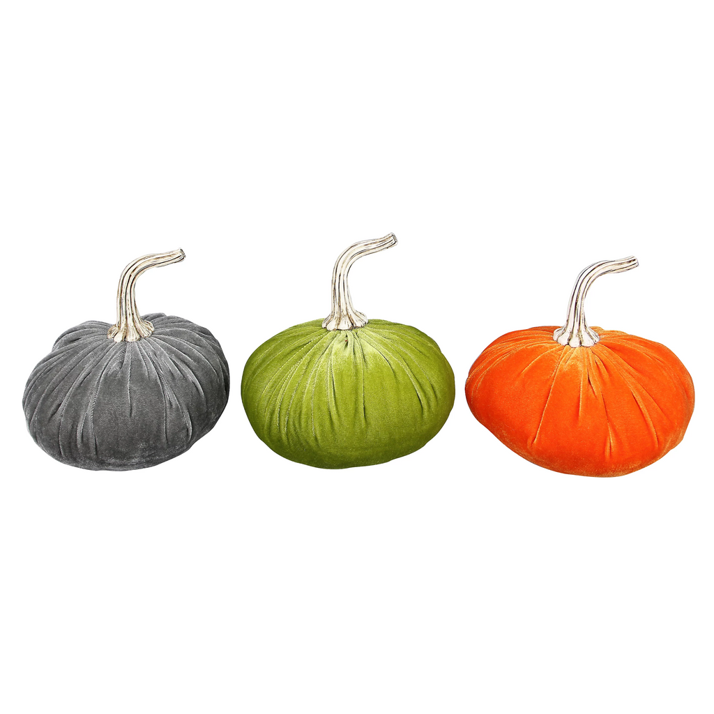 Set of three velvet-covered fall pumpkins in assorted colors: gray, green, and orange, by Young's Inc.