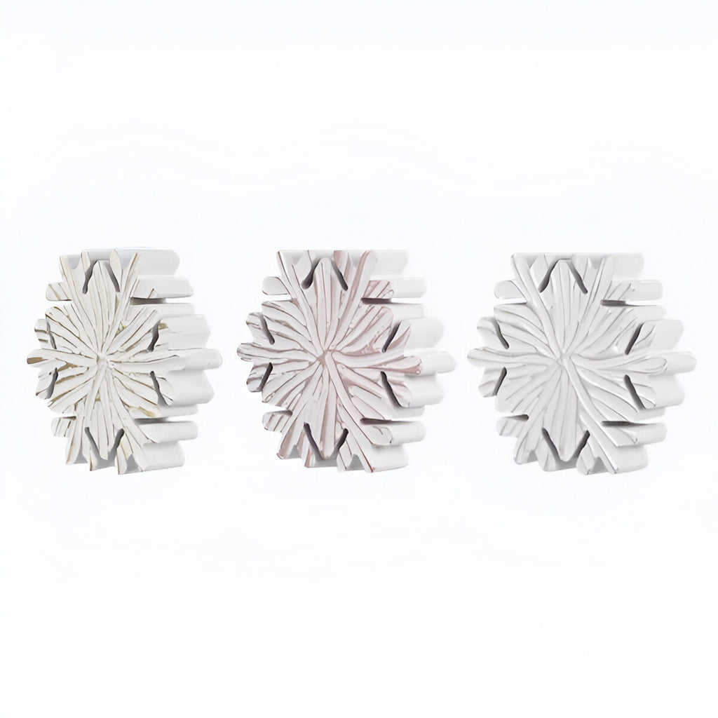 Young's Inc. 3 Assorted Wood Carved Tabletop Snowflake Blocks with Gold, Rose Gold and Silver Accent